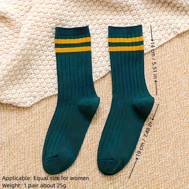 10 Pairs Solid Patched Stripes Crew Socks, Sports Business Stockings