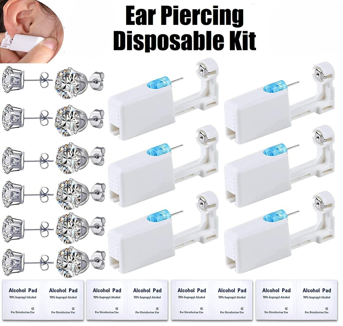 4× Ear Piercing Disposable Kit Silver Stud Earring Gun DIY Home Self Ear Sets