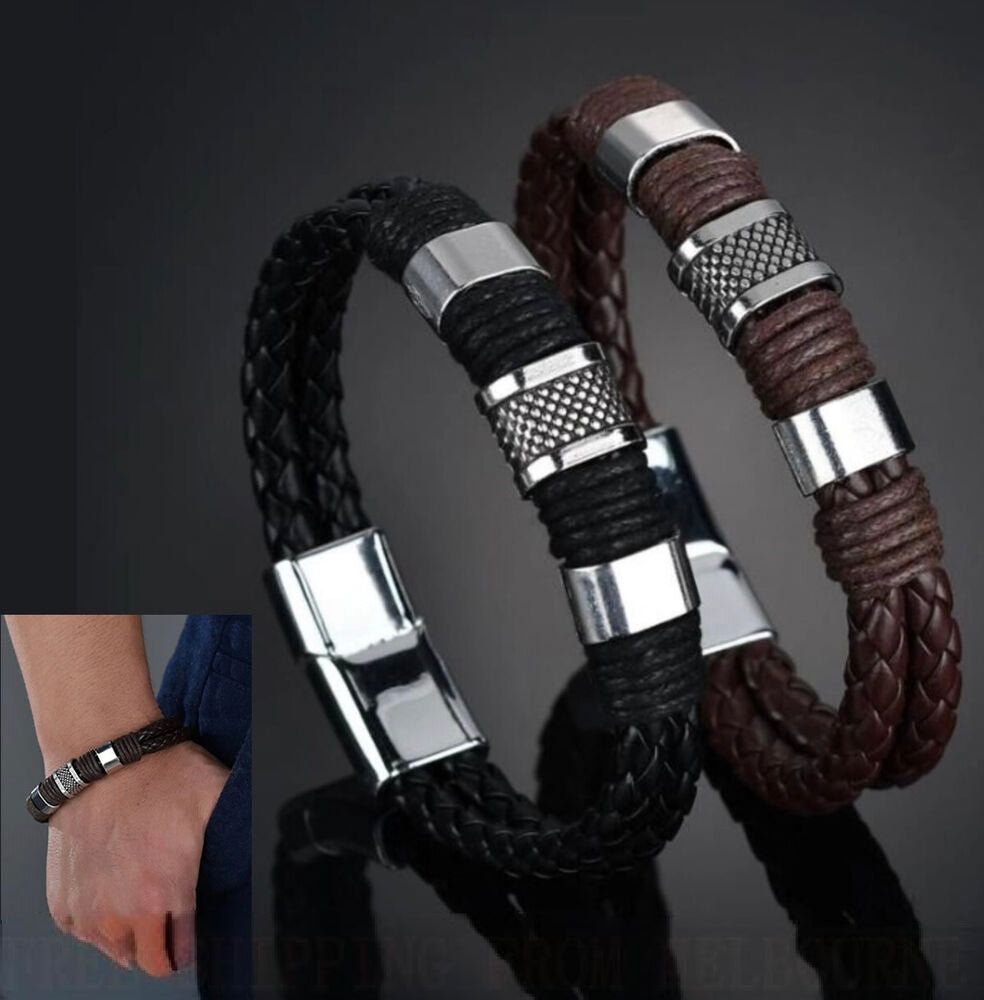 Men Alloy Magnetic Buckle Bracelet Bangle Cuff Vintage Wristband Rope