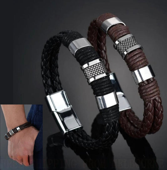 Men Alloy Magnetic Buckle Bracelet Bangle Cuff Vintage Wristband Rope