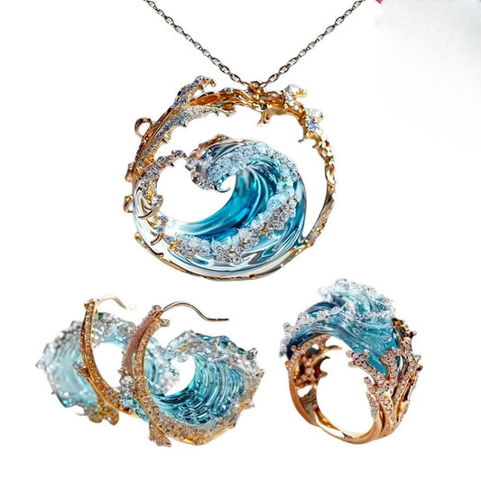 Ocean'S Oath Jewelry Set,Boho Blue Ocean Wave NecklaceEarrings Set 2024