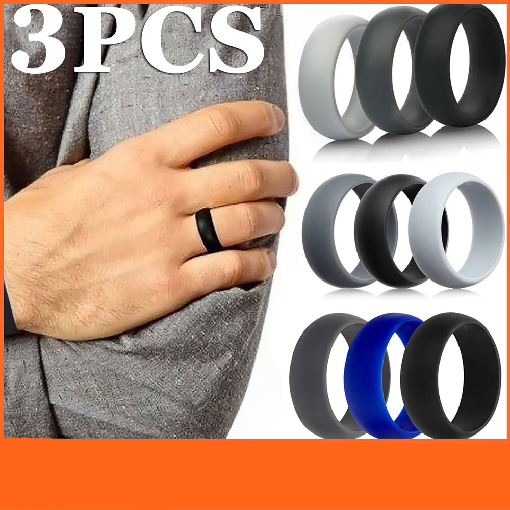 Silicone Rubber Wedding Ring Bands Flexible Comfortable Safe Work Sport Gym 3PCS