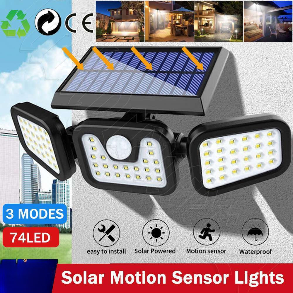 3 Head Solar Motion Sensor Light Outdoor Garden Wall Security Flood Lamp 74LEDs