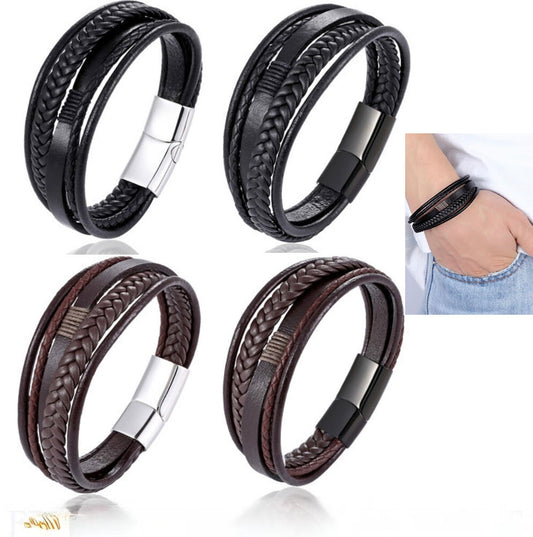 Men Stainless Steel Buckle Leather Bracelet Bangle Cuff Vintage Wristband Rope