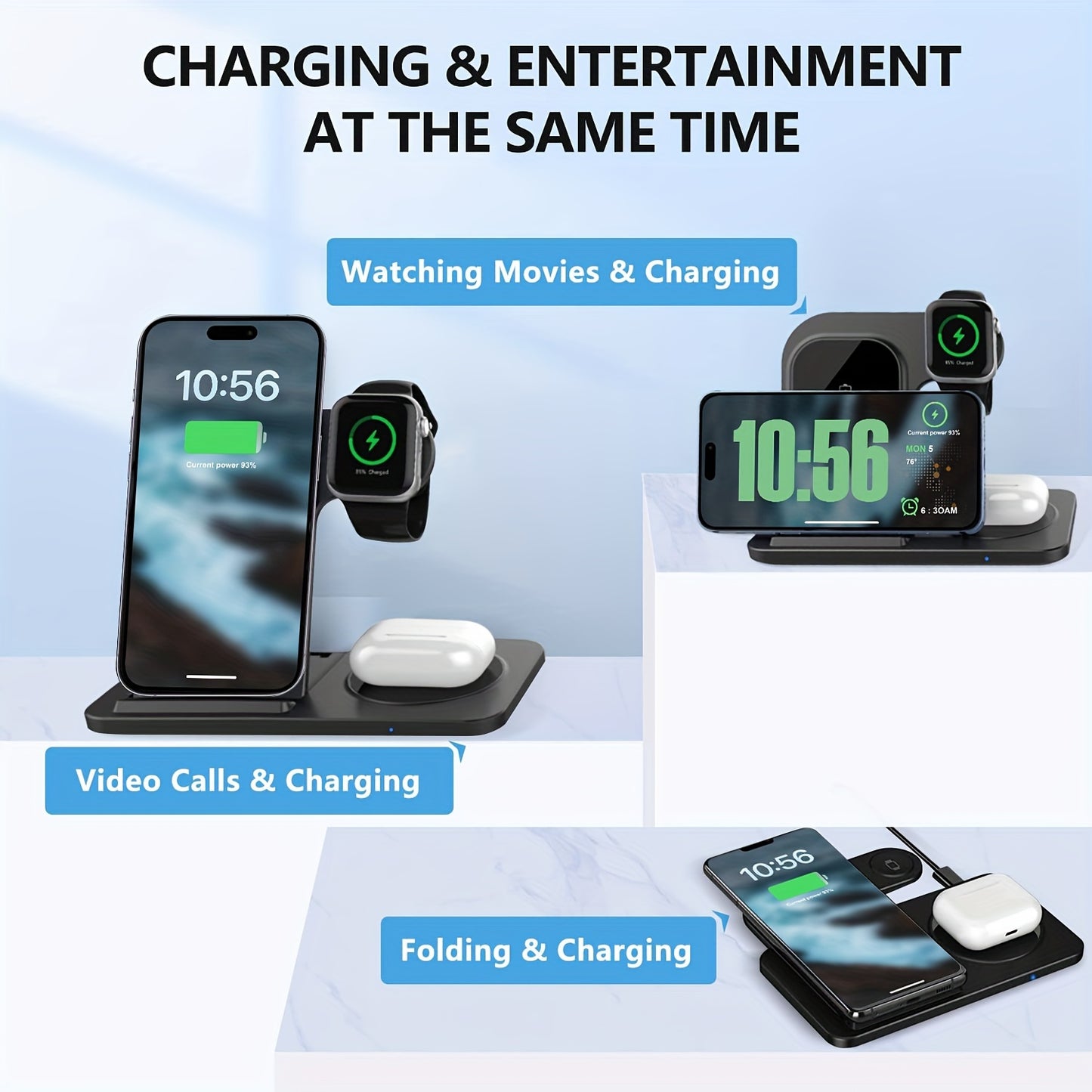 Wireless Charging Station for Multiple Devices Foldable 3 in 1 Fast Charger Station Stand Dock for iWatch Series 9 8 7 6 SE 5 4 3 2 Ultra Airpods Pro 3 2 iPhone 15 14Pro 14 13 Pro Max 13 12 11 Pro X Max XS XR 8