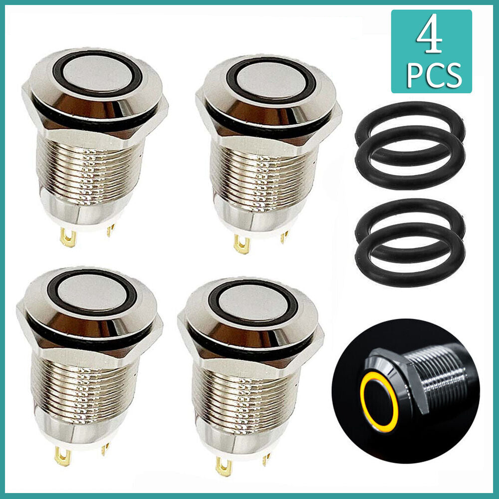 4PCS 12V 12mm Car Boat Push Button Metal Latching Switch LED Light Waterproof