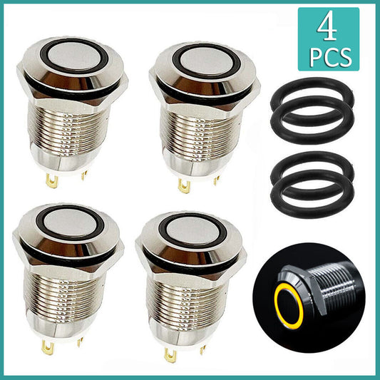 4PCS 12V 12mm Car Boat Push Button Metal Latching Switch LED Light Waterproof