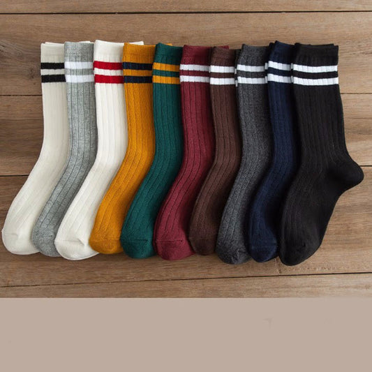 10 Pairs Solid Patched Stripes Crew Socks, Sports Business Stockings