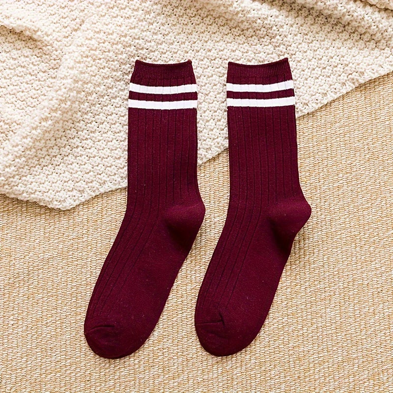 10 Pairs Solid Patched Stripes Crew Socks, Sports Business Stockings