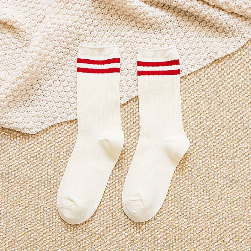 10 Pairs Solid Patched Stripes Crew Socks, Sports Business Stockings