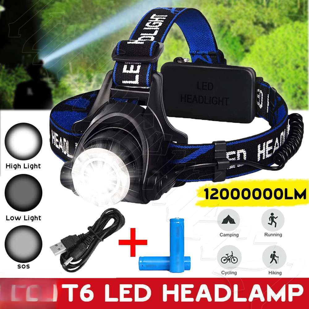 Powerful 12000000LM LED Rechargeable Headlight Zoomable Headlamp Head Torch