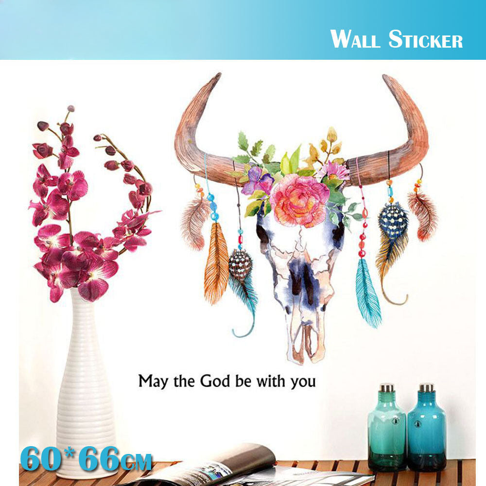 Wall Stickers Removable Cow Ox Horn Head Feather Living Room Decal Art Decor Kid