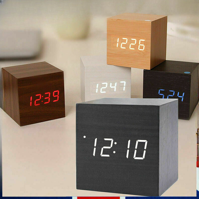 Wooden Digital Desk Table Clock LED Display Alarm Temperature Modern Home Decor