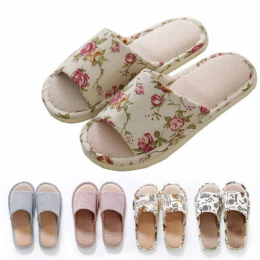 Women Men Indoor Slippers Anti-slip Linen Summer Open Toe Home Flat Slippers