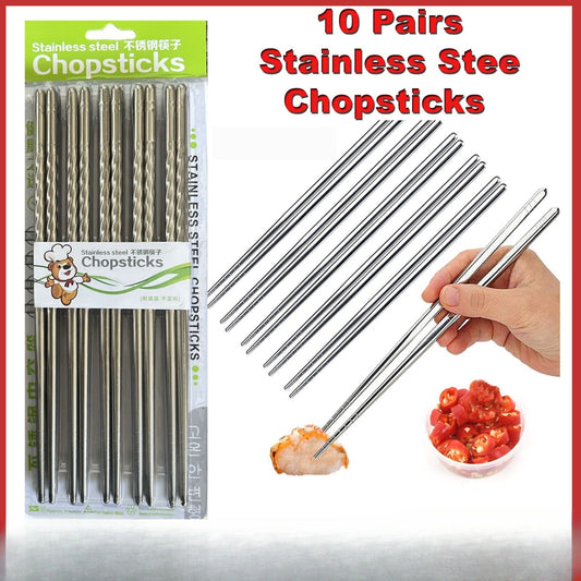 10 Pairs Stainless Steel Chopsticks Asian Japanese Metal Table Cutlery