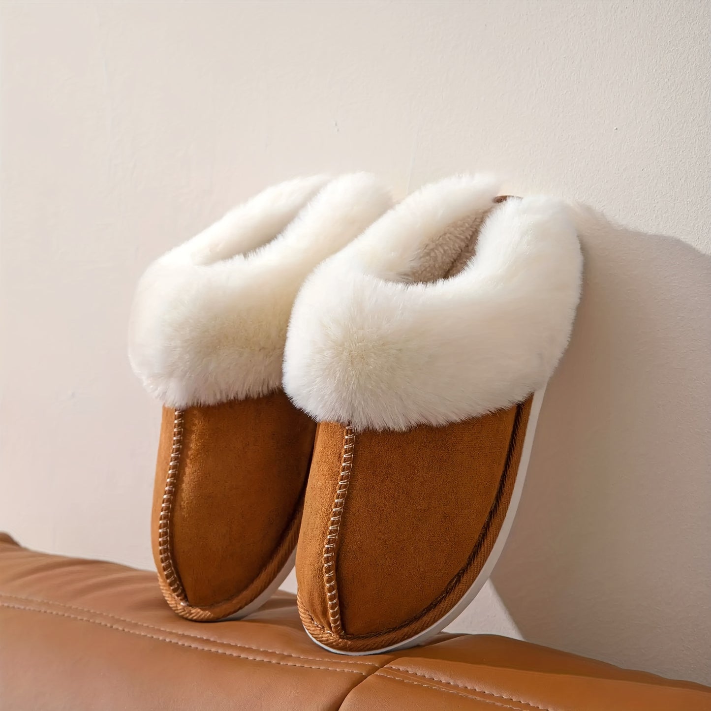 Solid Indoor Warm Plush Anti-skid Home Slippers For Household, Autumn And Winter