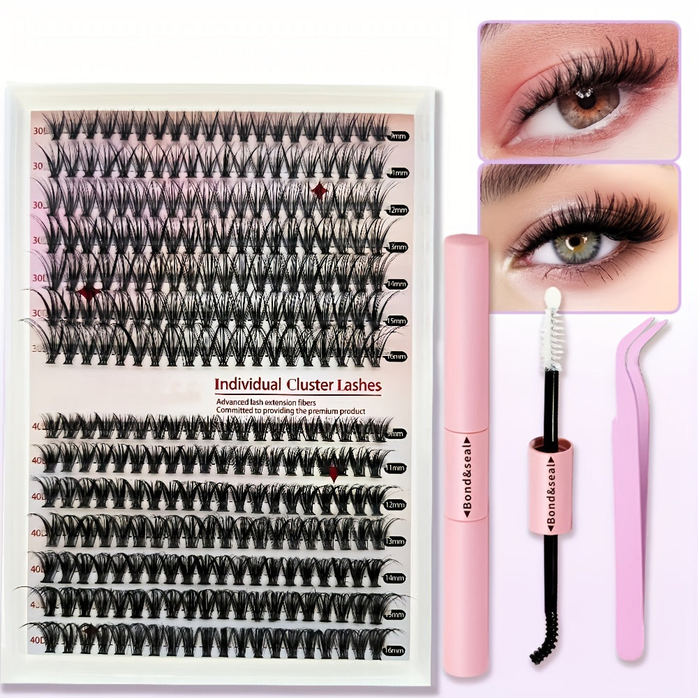 Lash Extension Kit, 640pcs/320pcs/280pcs Mix DIY Eyelash Extension Kit 304050D Combination Lash Clusters D Curl Individual Lashes Kit With A Double-ended Lash Bond And Seal And Comfortable Lash Tweezers D Curl 9-16mm Mixed Lash Extension Kit