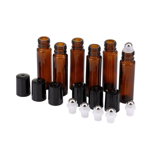 5x10ml Roll on Glass Essential Oil Perfume Roller Ball Amber Bottle with Cap