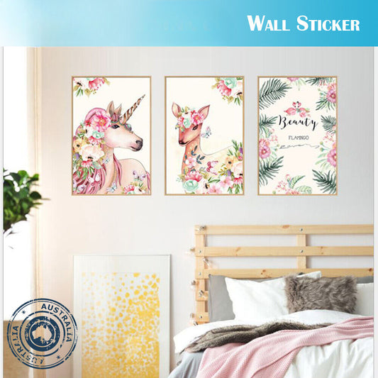 3PCS Wall Sticker Unicorn Flowers Art Vinyl Wall Decals Home Room Decor