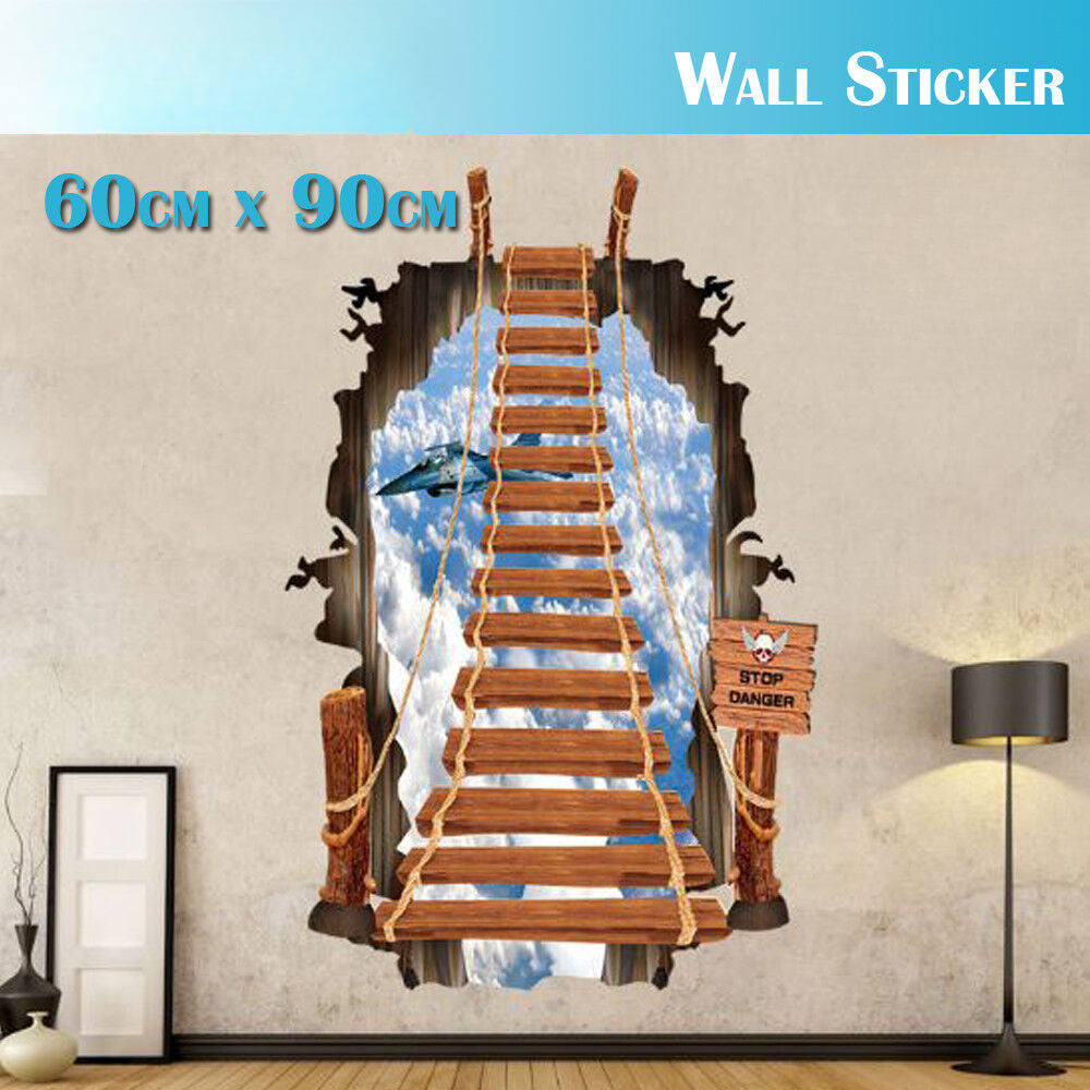 3D Wall Stickers Removable Ladder Staircase Smashed Through Mural Decor Home