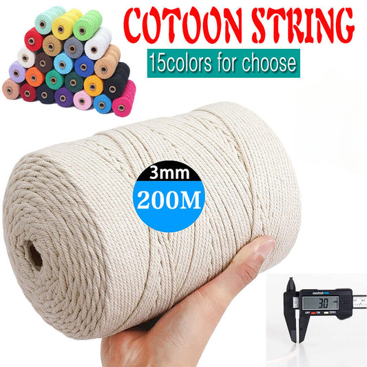 3mm 200M Natural Cotton Twisted Cord Craft Macrame Artisan Rope Craft String