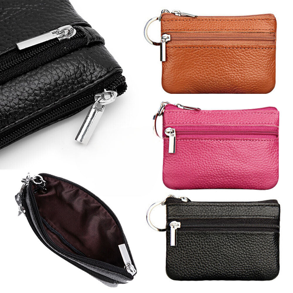 Leather Wallet Pouch Card Mini Purse Coin Key Ring Zip Up Women Small Change Bag