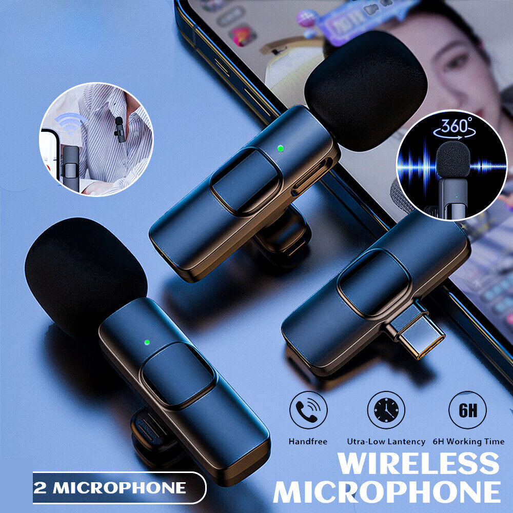 2x Mini Wireless Lavalier Microphone Clip on Lapel Mic For iPhone iPad Samsung Vlog