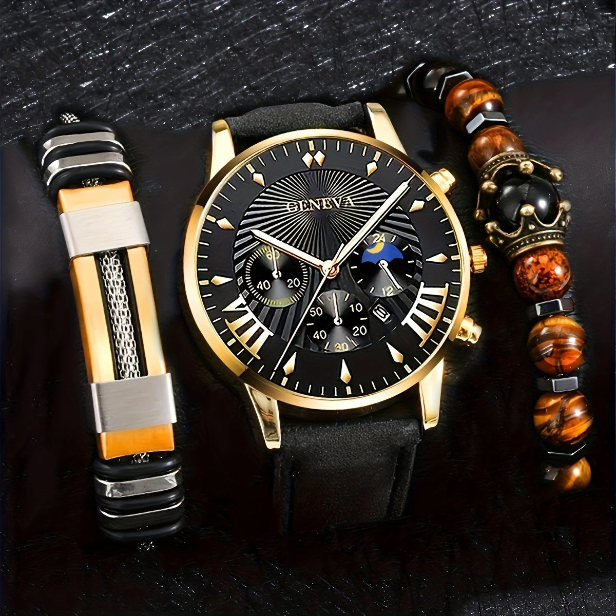 3pcs/set Men's Casual Analog Watches And Analog Bracelets, Chronograph Easy Wear Business Watches For Men, Beaded Bracelet Buckle Bracelet