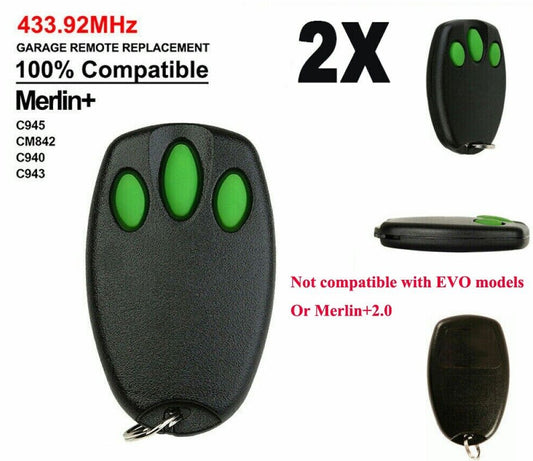 2x for merlin+ C945 CM842 C940 C943 Merlin + Replacement Garage Remote Control