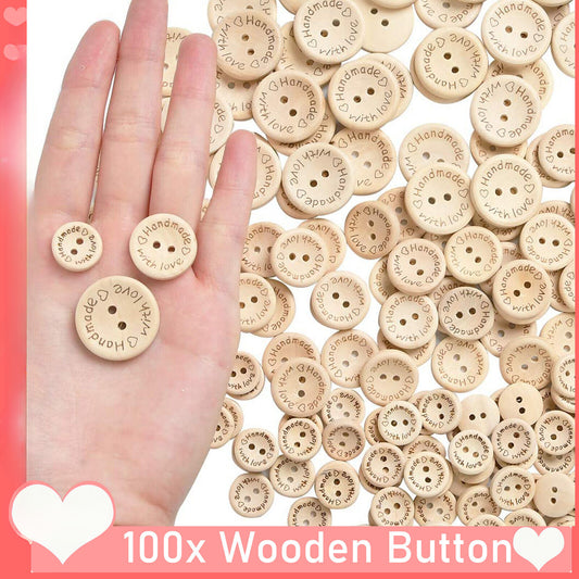100pcs Natural Wooden Button Craft Sewing DIY Handmade With Love Wooden Buttons