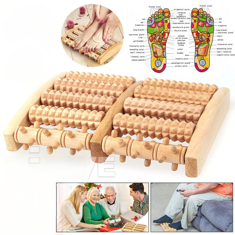 LARGE Wooden Foot Pain Massager 5 Roller Care Reflexology Relax Stress Relief Ne