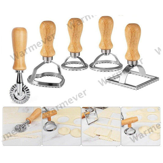 4pcs Ravioli Maker Cutter with Wooden Handle Pasta Pierogi Maker Mould Tray Stamp