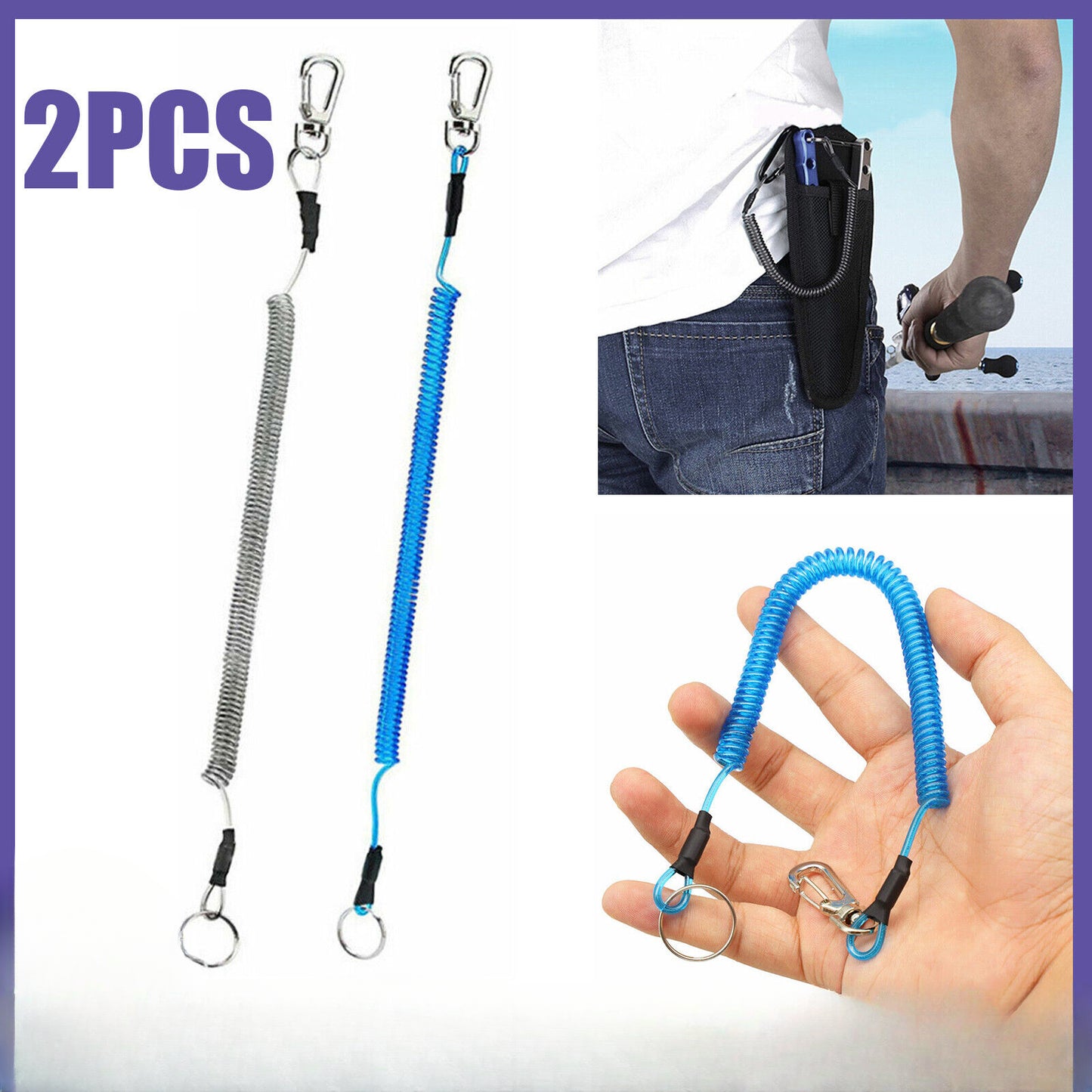 2X Hook Lanyard Coil Cord Clasp Retractable Key Chain Spiral Keychain Tether