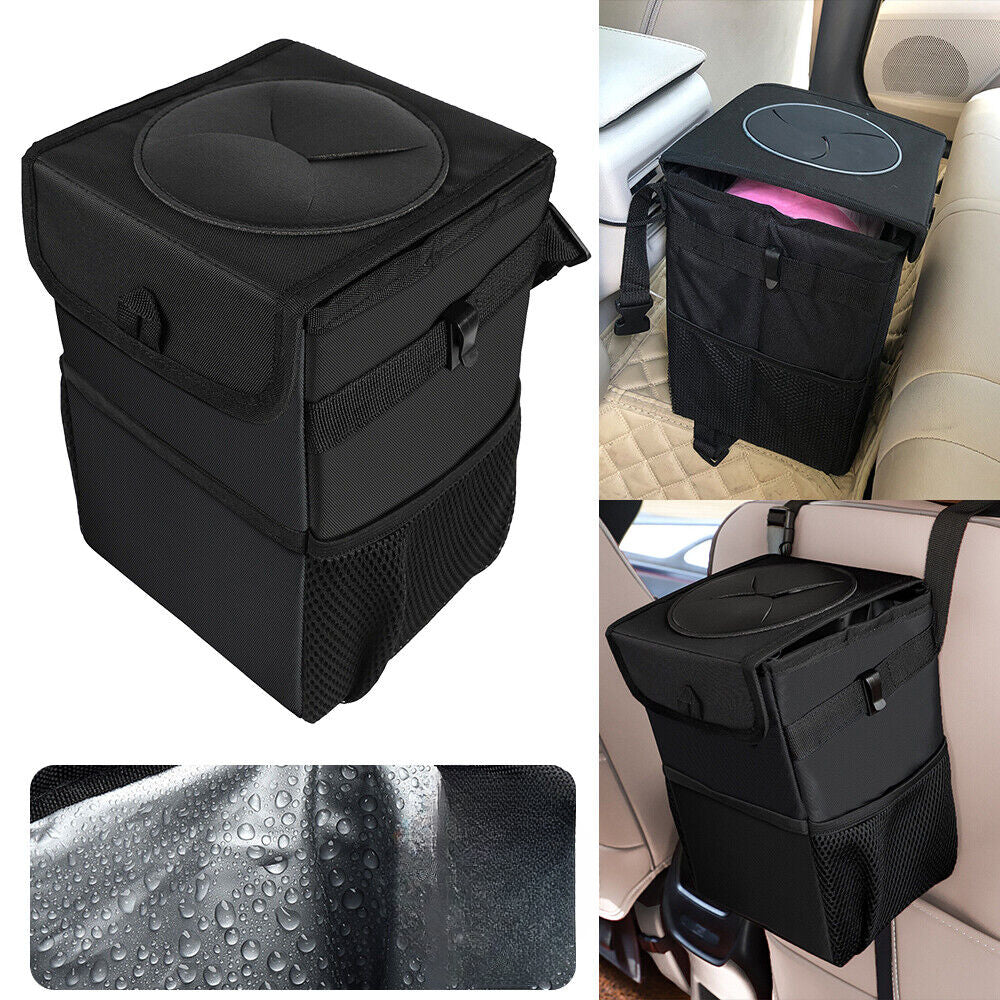 Waterproof Car Trash Can with Lid Bin Waste Basket Storage Garbage Bag Organizer