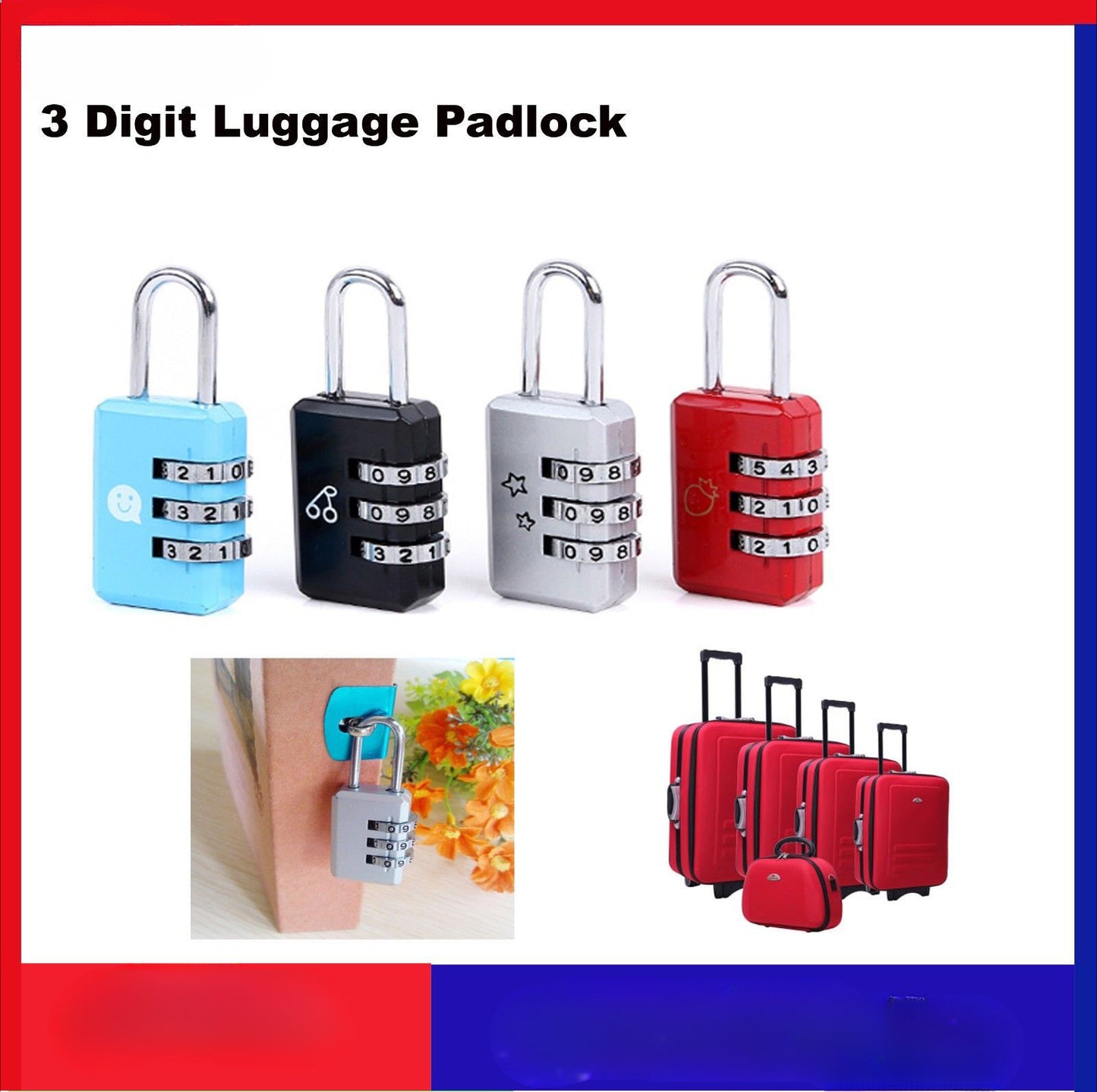 Travel Luggage Locks Combination 3 Dial Code PadLock Suitcase Security