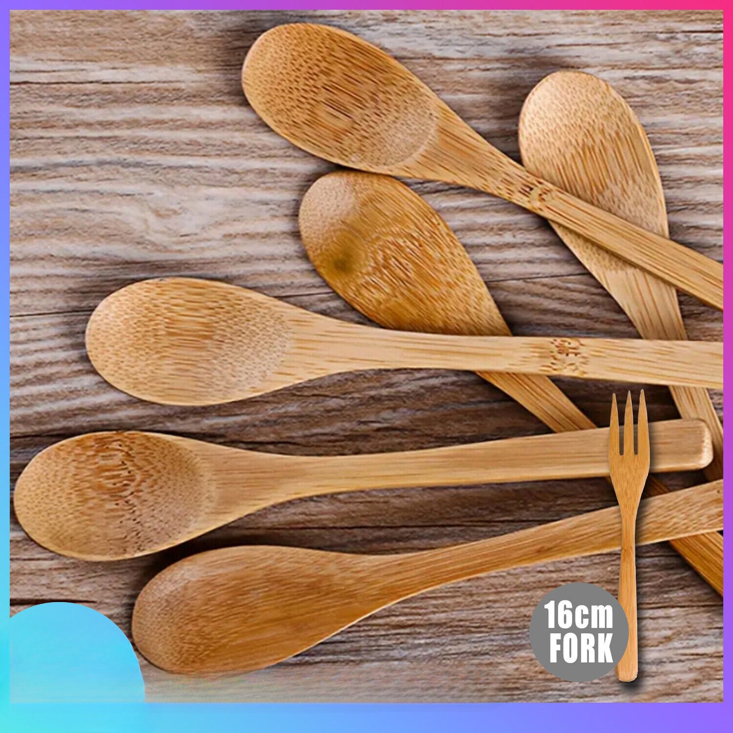 4pcs Large Natural Bamboo Spoon Fork Scoop 16cm Kids Food Safe Tea Stirrer