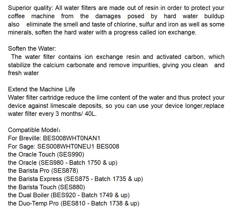 4x Water Filter For Breville Espresso Coffee Bes990 BES920 BES980 BES880 BES878