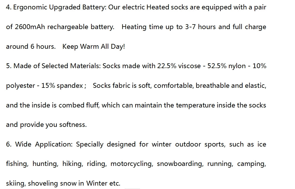 Winter Electric Heated Socks Boot Feet Warmer USB Rechargable Battery Warm Sock