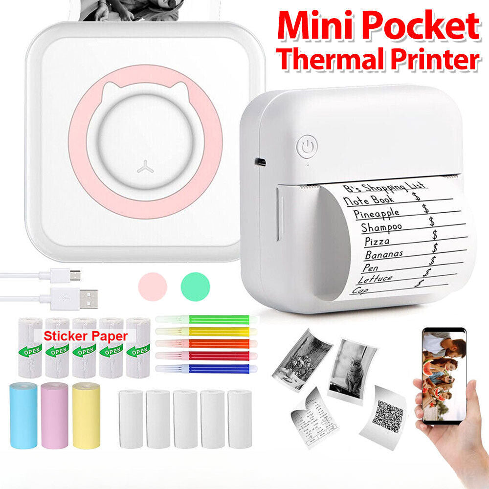 Mini Pocket Thermal Printer Photo Notes Inkless Sticker Pen USB Cable Wireless