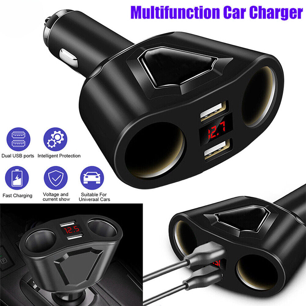 LCD Car Dual USB Charger Cigarette Lighter Socket Splitter 12-24V Power Adapter