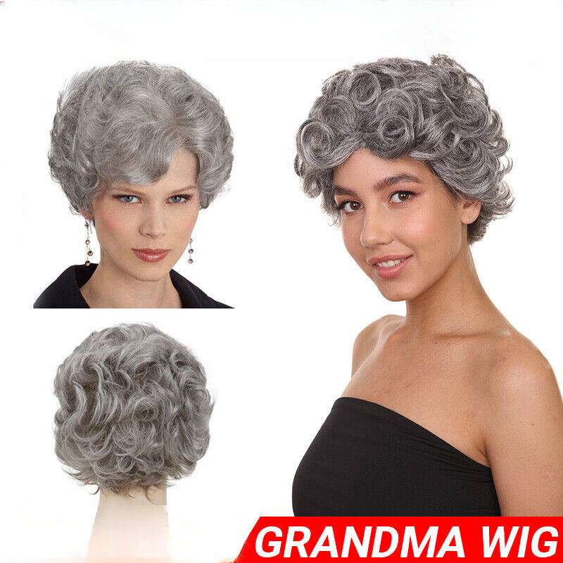 Grandmother Wig Grey Silver Curls Grandma Granny Old Lady Woman Costume Party