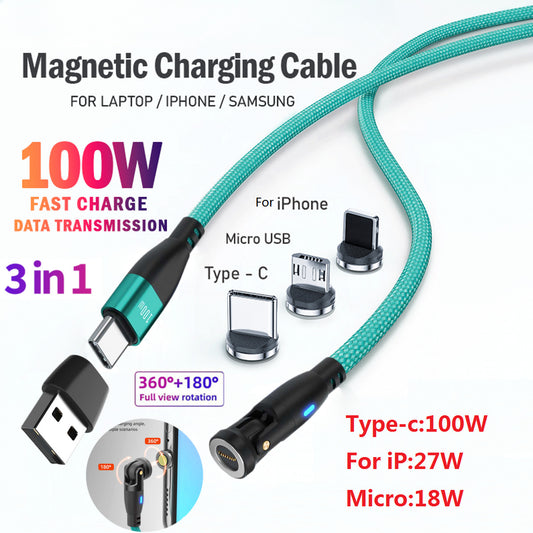 100W Magnetic USB Type-C Fast Charging Cable For iPhone Microusb PD Charger Cord