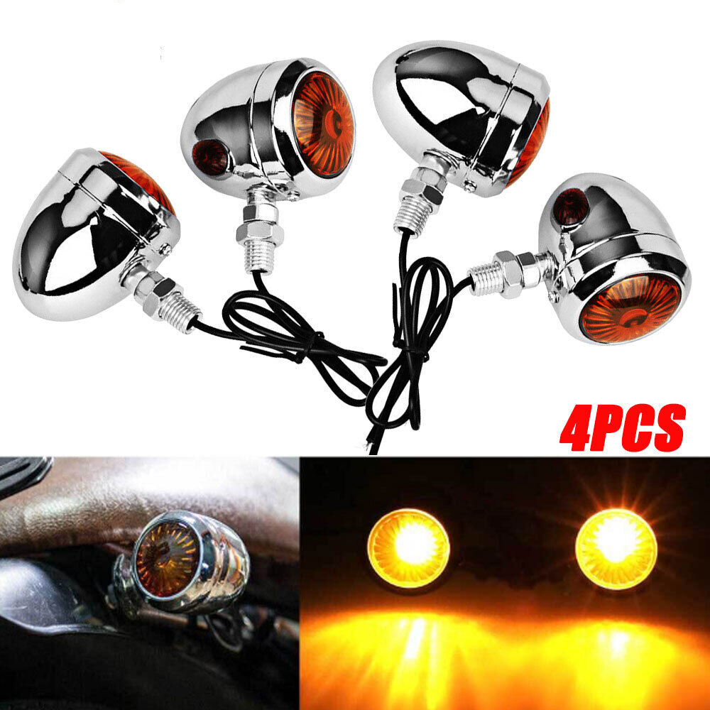 4x Universal Motorcycle Bullet Turn Signal Amber Indicators Blinkers Lamp Chrome