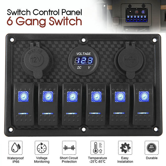 6 Gang 12V Switch Panel LED Light Rocker Circuit Breaker For Car RV Boat Marine