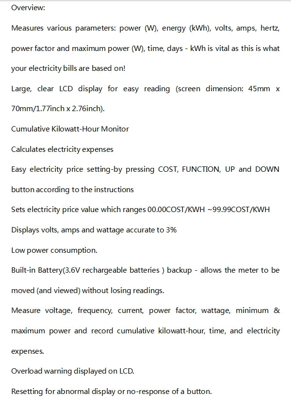 Plug Power Meter Consumption Energy Monitor Watt Electricity Usage Tester