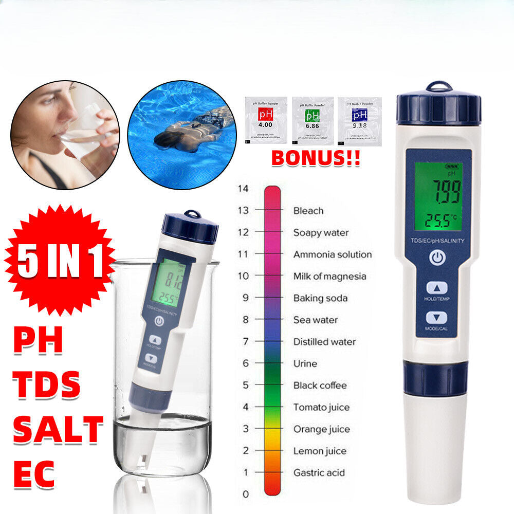 5 in 1 Digital Water Quality PH Tester Pen TDS EC Temperature Test Pool Water