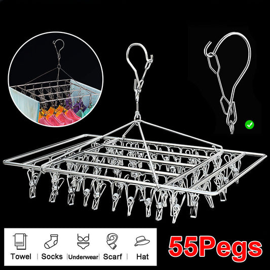 55 Pegs Stainless Steel Sock Hanger Windproof Foldable Space Saving Clothes Rack