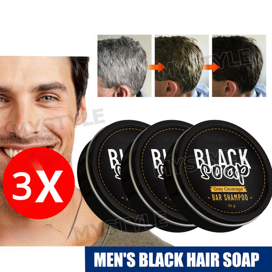 3x Men's Grey Coverage Bar Shampoo Hair Darkening-Black Soap Grey Hair Cover