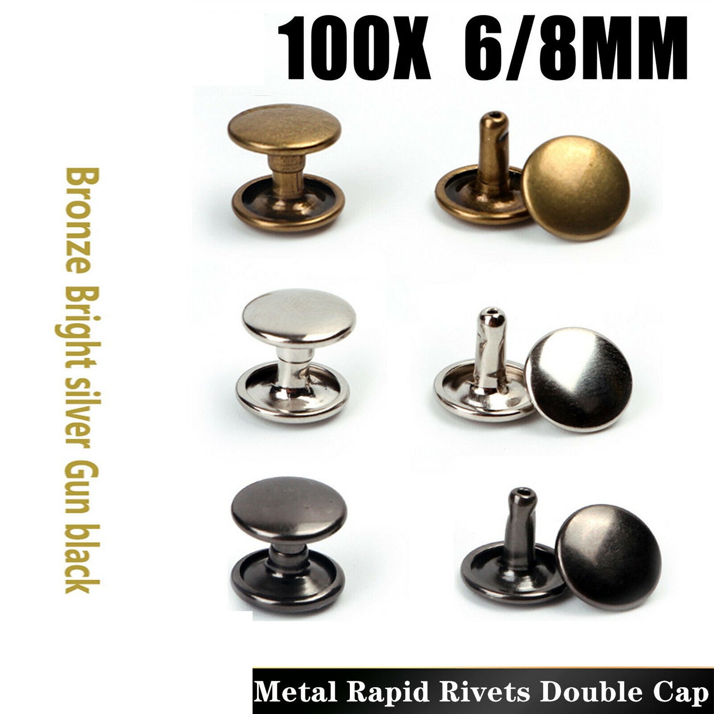 100pcs Metal Rapid Rivets Double Cap Round Rivet Studs 8mm, 10mm with Short 6mm