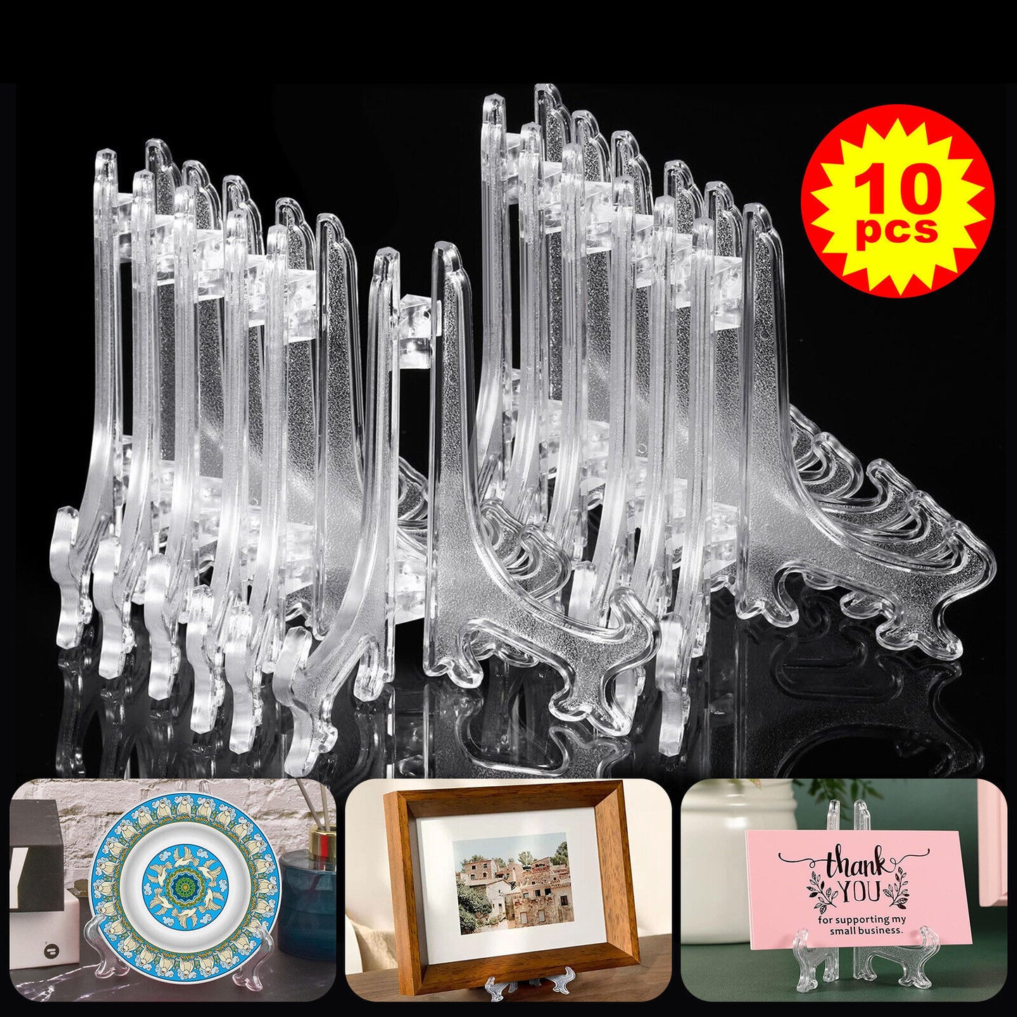 10X 5 Sizes Clear Plastic Display Plate Stand Easel Photo Picture Bowl Holder